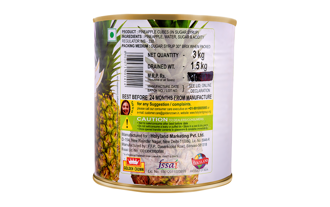 Golden Crown Pineapple Cube In Sugar Syrup   Tin  3 kilogram